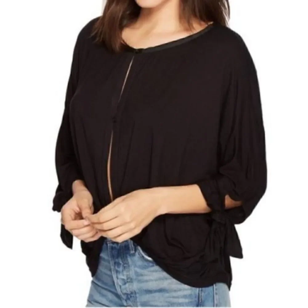 Free People Keepin On Tie Sleeve Top Blouse Black